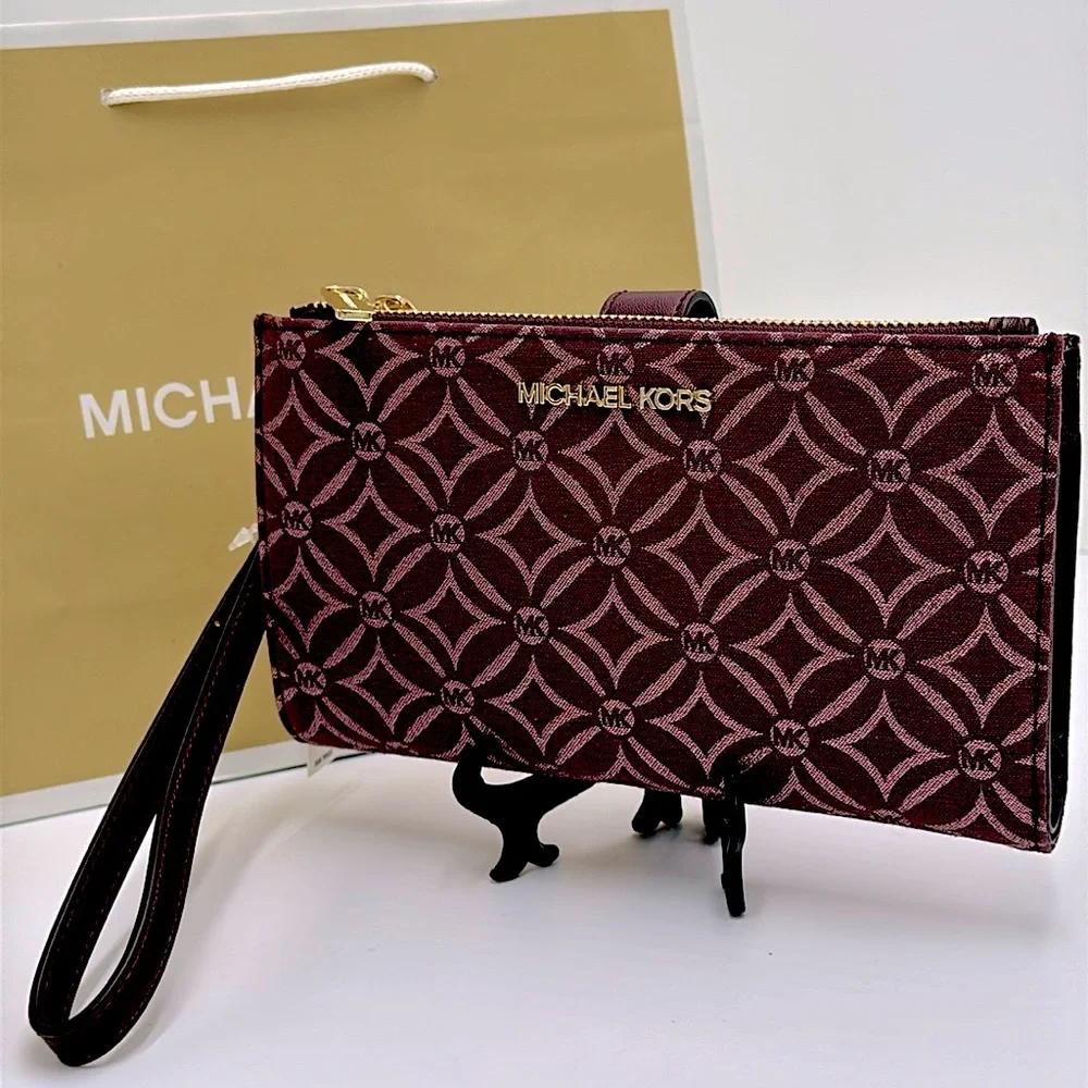 Michael Kors Jet Set Travel Lg Double-Zip Wristlet-Wallet-PhoneHolder Oxblood